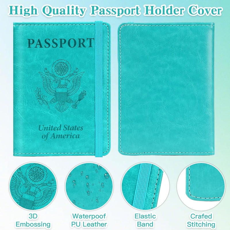 RHOttbiy Passport Holder for Travel, RFID Blocking Passport Cover with Pen Holder Leather Passport Wallet Case Travel Must Haves Accessories Passport Book Card Holder for Family Travel Essentials, Turquoise - Image 4